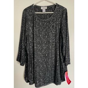 New C.D. Daniels Black Sparkle Long 3/4 Sleeve Top Shirt Plus 1X